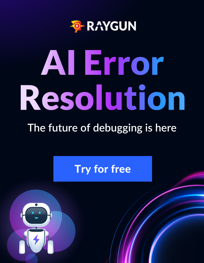 Graphics of a friendly robot and text reading 'AI Error Resolution: The future of debugging is here' – Try for free