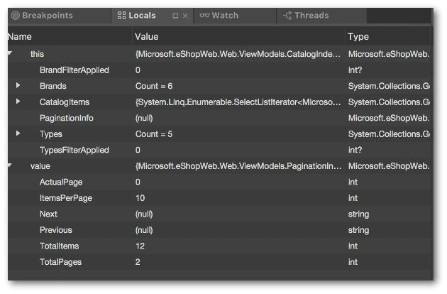 Screenshot of a watch window