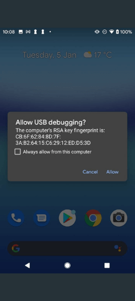 Debug Android by allowing USB Debugging Popup