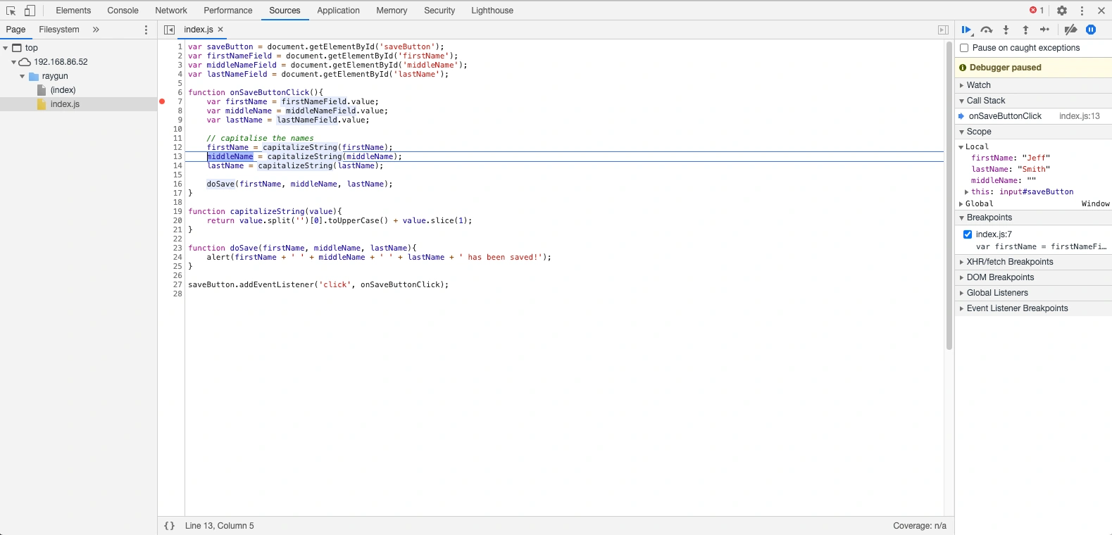 Google Chrome debugging example