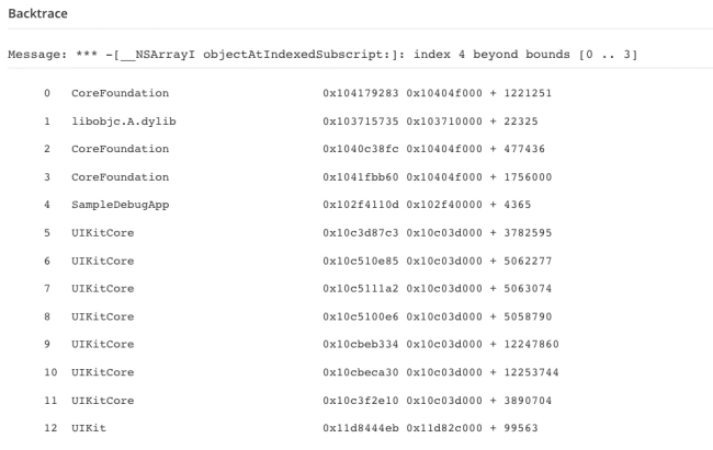 Debug iOS: Image of the backtrace in Raygun