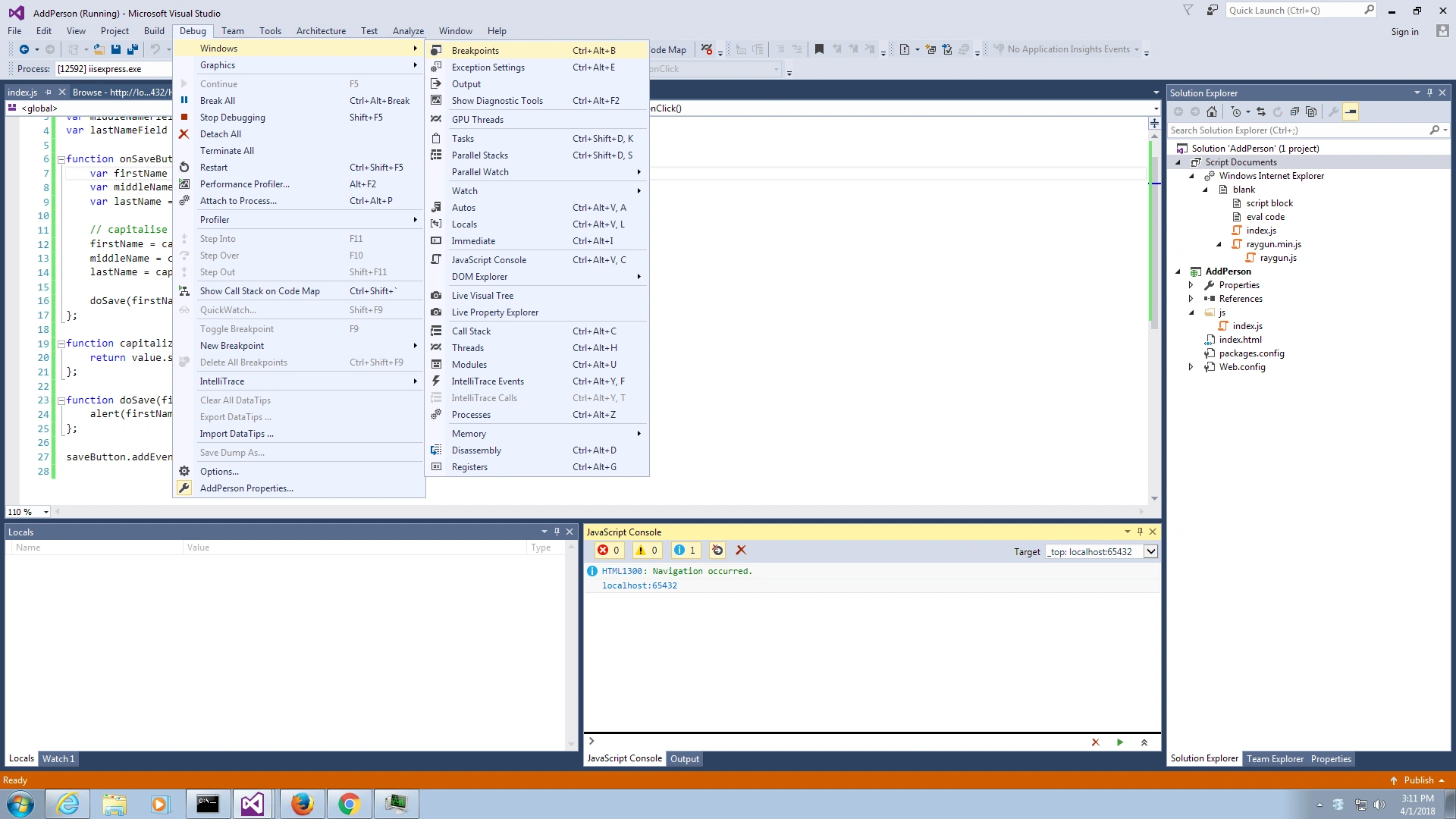 Visual studio debugging example