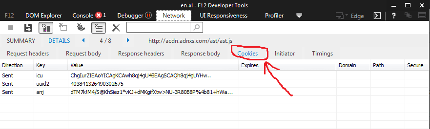 Screenshot showing navigation in IE11 Developer Tools