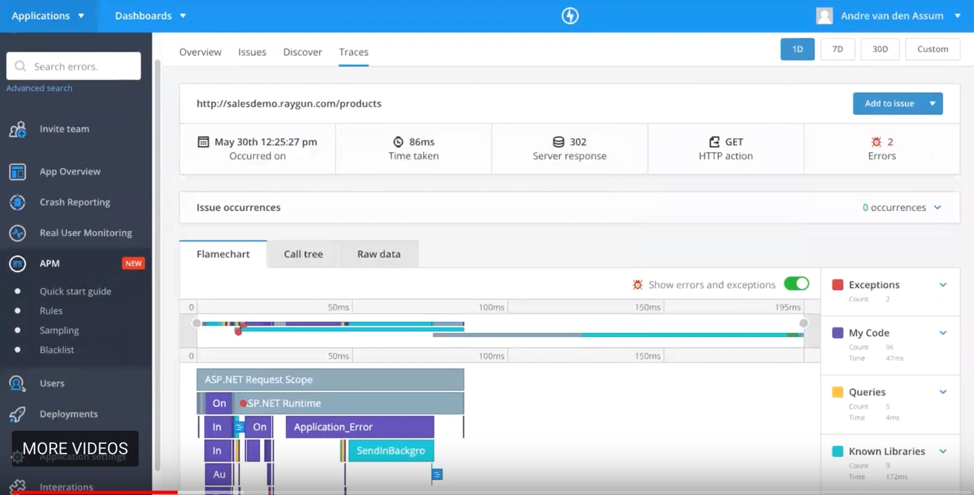 Screenshot of the multithreaded trace feature in Raygun APM Raygun