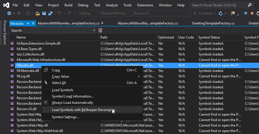 select the load symbols for debugging .net