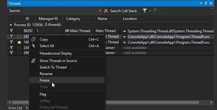 Using threads and freeze functions when debugging .net