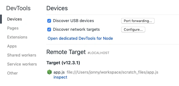 Node Debugger connected to Google Chrome