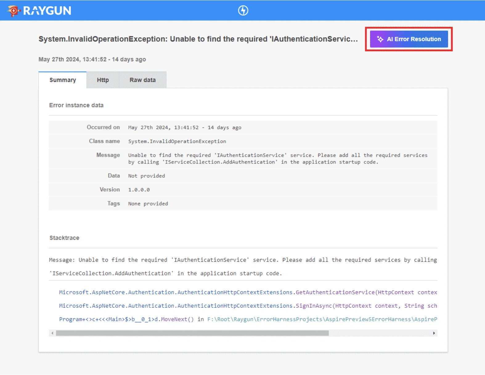 AI Error Resolution button for Raygun4Aspire