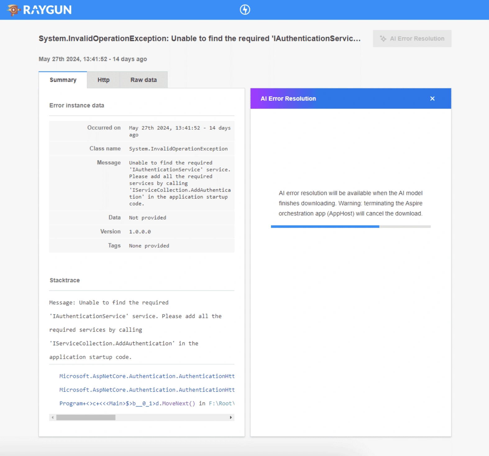 Setting up AI Error Resolution for Raygun4Aspire