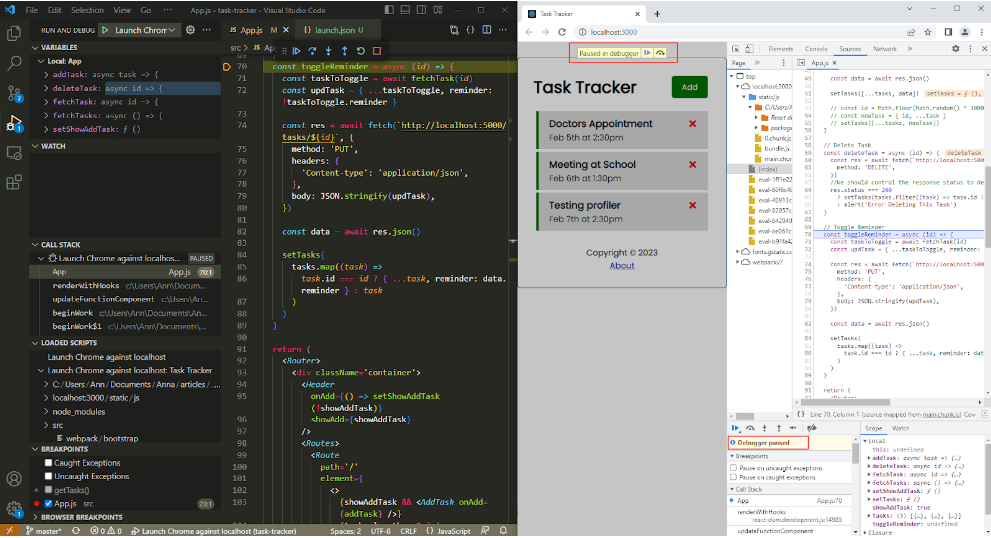 Breakpoint visible in both VS Code JavaScript Debugger and Chrome DevTools