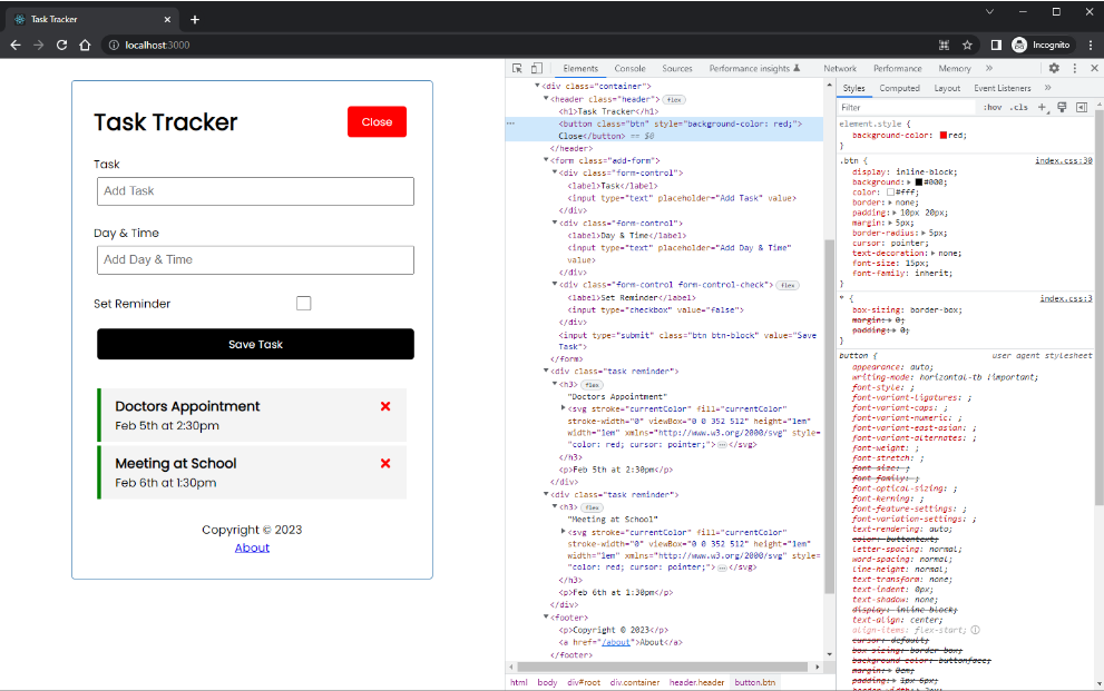 React example application in Chrome DevTools