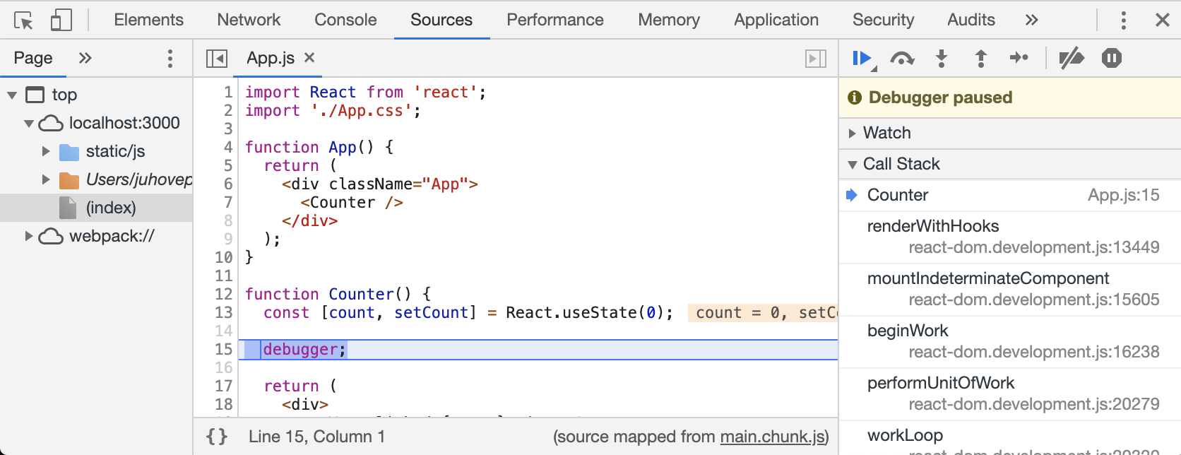Screenshot showing debugging React using console statements