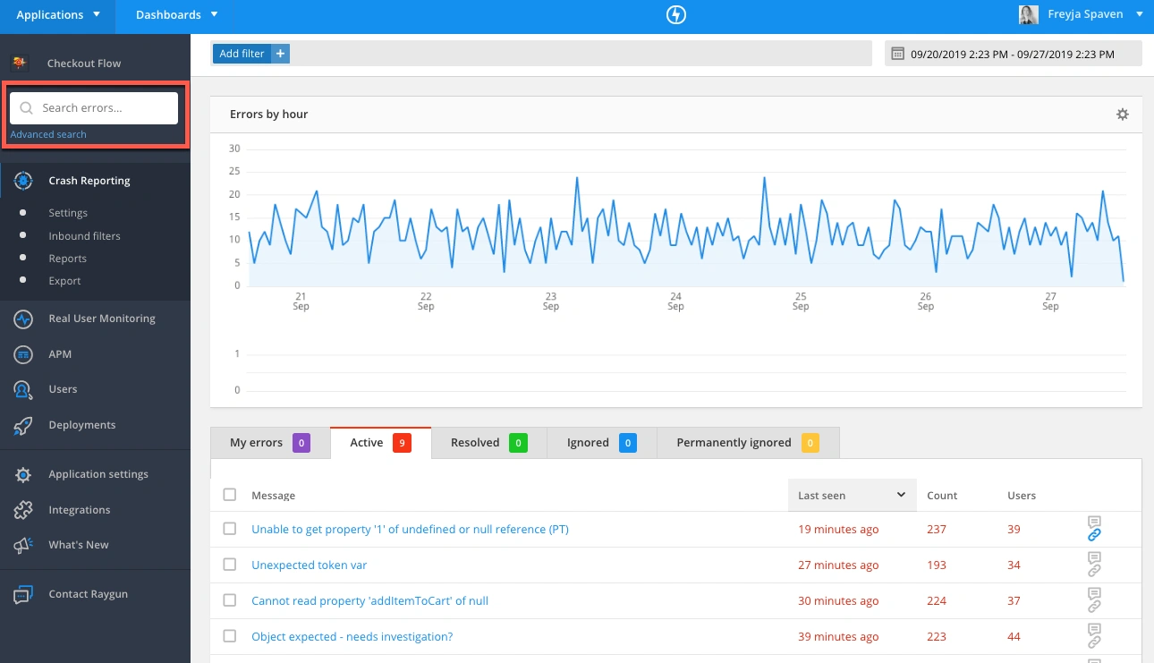 Screenshot showing the Errors by hour and search summary in the Raygun dashboard