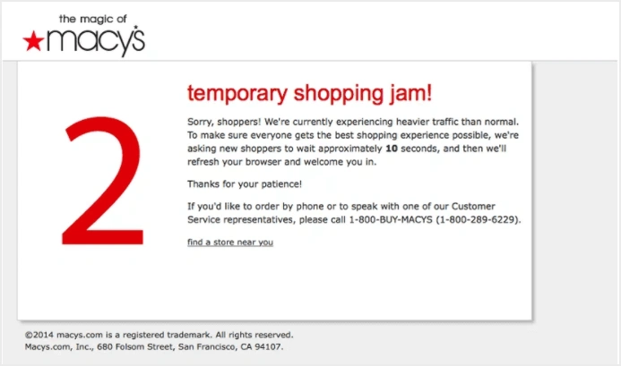 Screenshot of Macys experiencing traffic problems