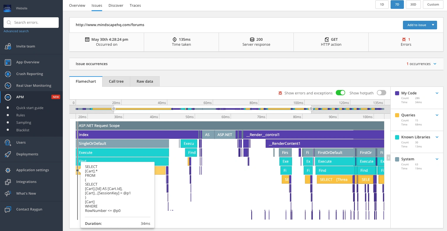 Screesnhot of Raygun&rsquo;s multithreaded trace feature