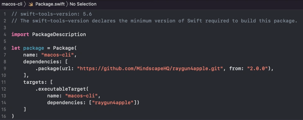 An app with Raygun4Apple Swift Package as a dependency