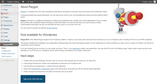 Raygun4WP plugin About page