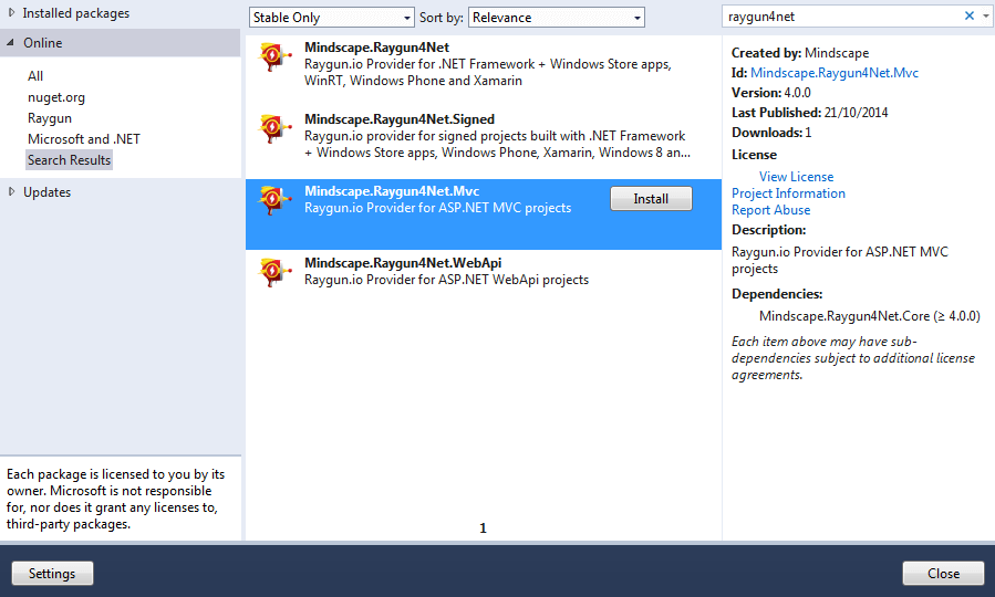 Raygun4Net NuGet Packages
