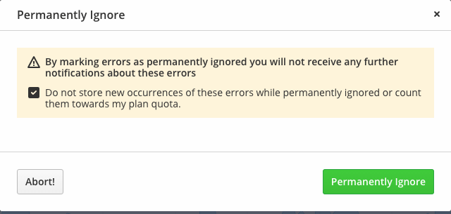 An screenshot showing the permanently ignore tab inside Daygun's dashboard Permanently ignore errors inside Raygun's dashboard
