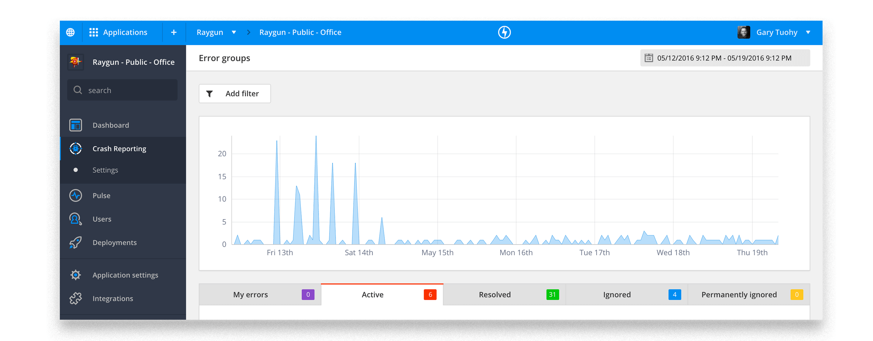 Dashboard Raygun Crash Reporting