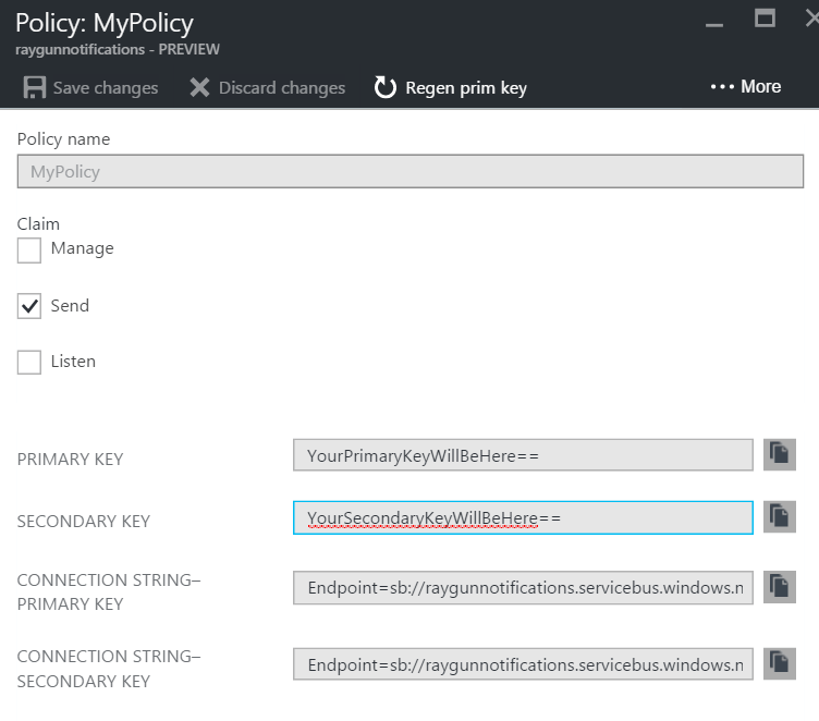 Integrating Azure Service Bus is easy - with the primary and secondary keys needed 