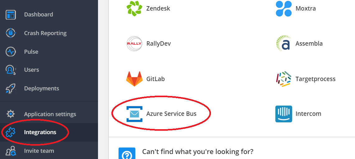 Screenshot showing inside Raygun's dashboard and the integrations tab Azure Service Bus is plainly shown in the integrations menu in the Raygun dashboard