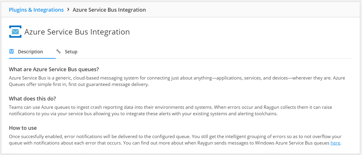 The set up box inside Raygun will show what you need to know for the Azure Service Bus 