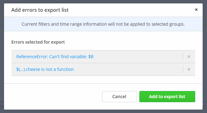 Image showing a screenshot of adding errors to export list Adding errors to the export functions list is easy