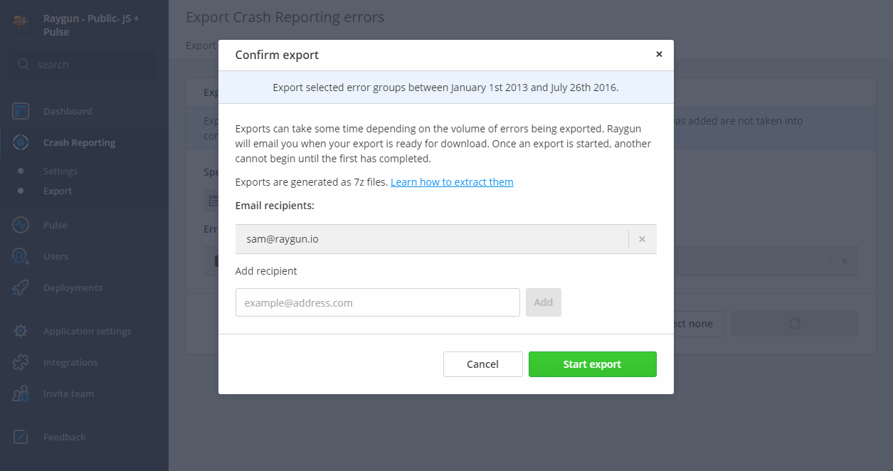 The confirm export screen will appear when you are ready to make use of Raygun's export functions
