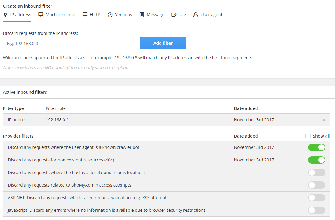 Configured inbound filters and frequently requested filters