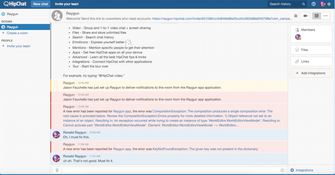 An error is reported and sent from Raygun to HipChat for the first stage of the bug fixing workflow