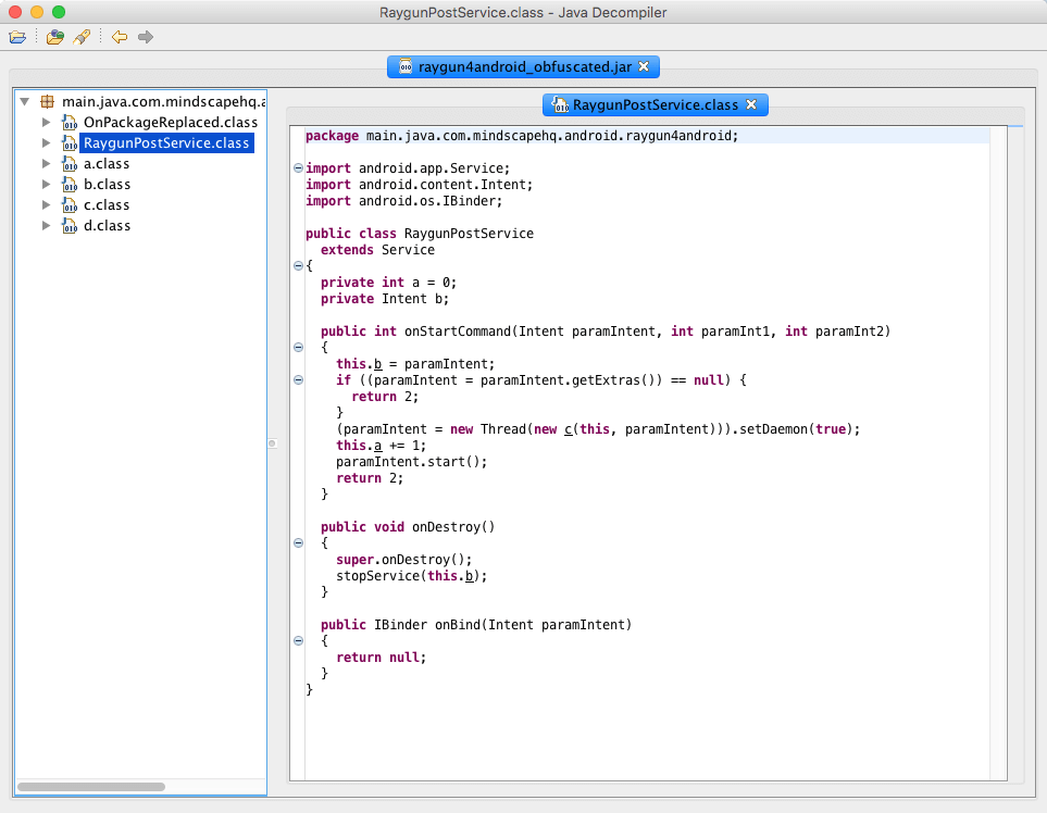 Example of obfuscated code inside the Java decompiler - the second step when you need to debug Java