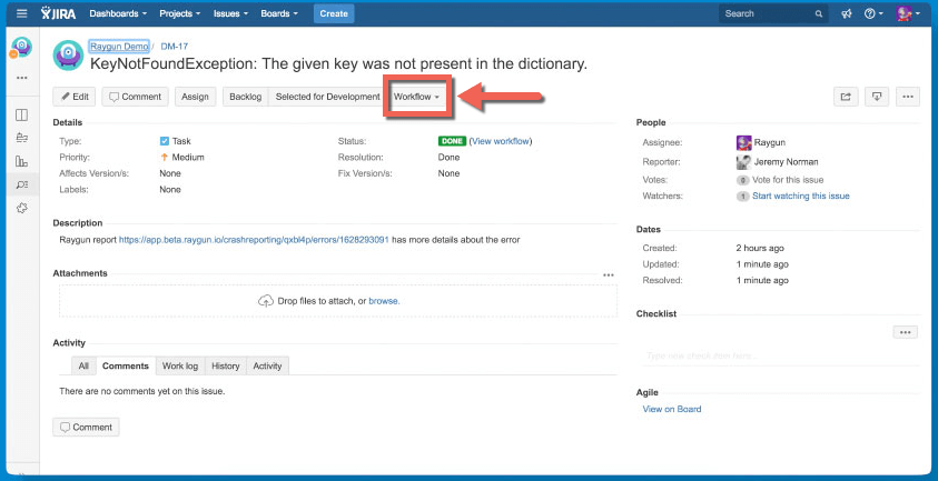 Screenshot showing the JIRA ticket associated with the error found