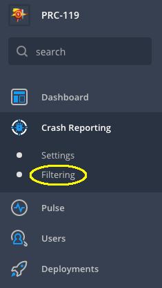 Filtering option under Crash Reporting navigation menu
