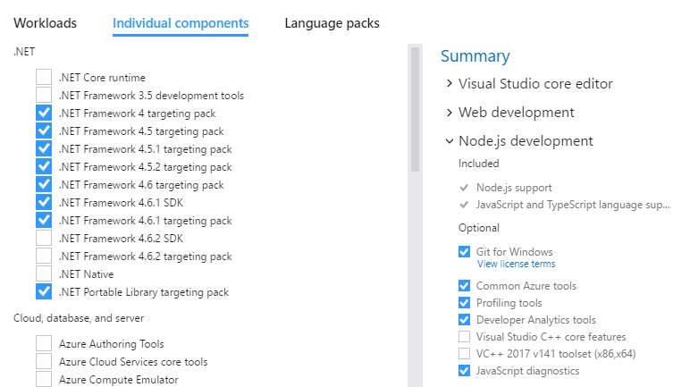 you can choose to add ‘Workloads’ that are grouped frameworks and individual components