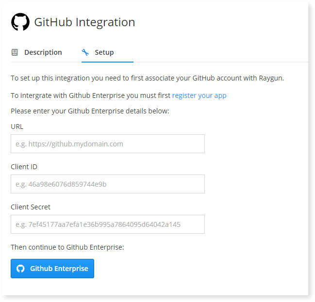 how to set up and register your application so you can start the Raygun and GitHub Enterprise integration