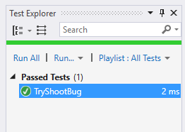 Navigate to the Visual Studio test explorer and passed tests tab
