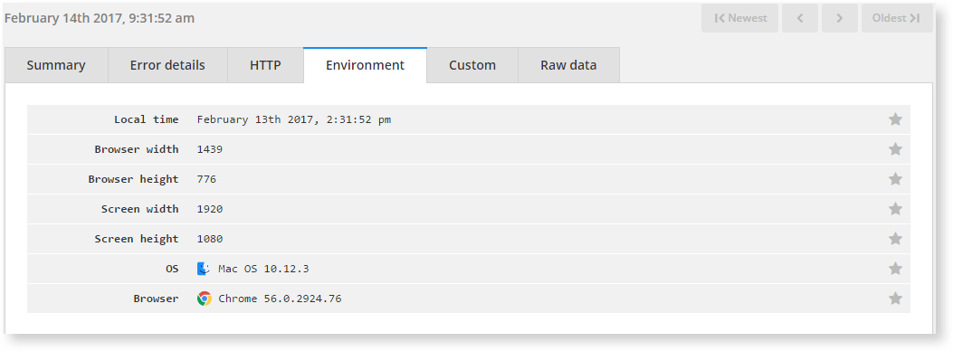 Screenshot showing the 'environment' Session tracking is one of Raygun's best features