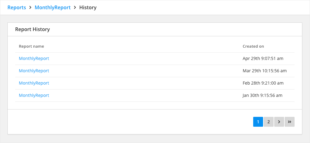 Screenshot showing the history tab inside reports