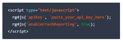 Screenshot showing the JavaScript script for rg4js crash reporting