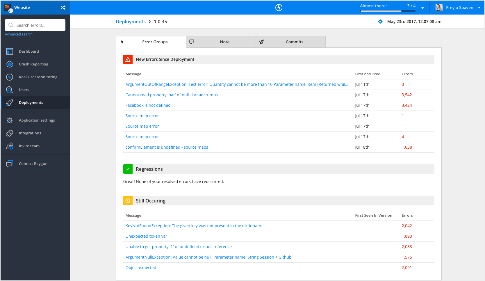 Screenshot showing Raygun's Error Groups window Raygun's Error Groups window shows you more details when you monitor deployments