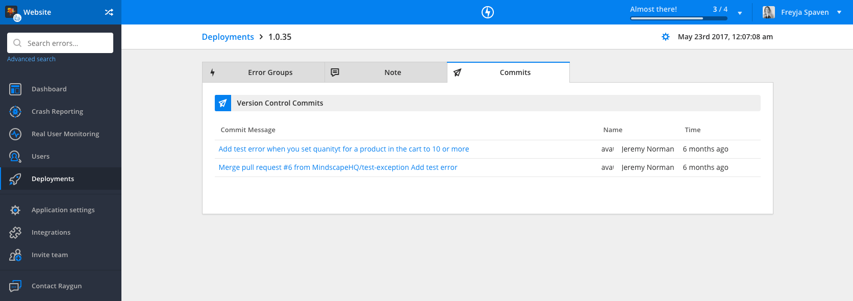 Screenshot showing Raygun's Commit window The Commits window helps you see which commits were made and when