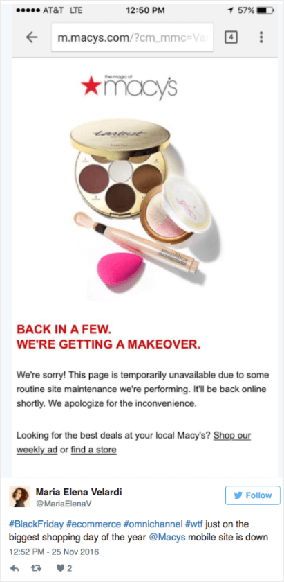 Screenshot showing Macy's temporary downtime during black Friday E-commerce stores like Macy's can prevent software crashes this year by implementing these tips
