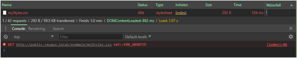 Screenshot of the developer tools window showing a mistake Common front-end mistakes: developer tools are showing an error