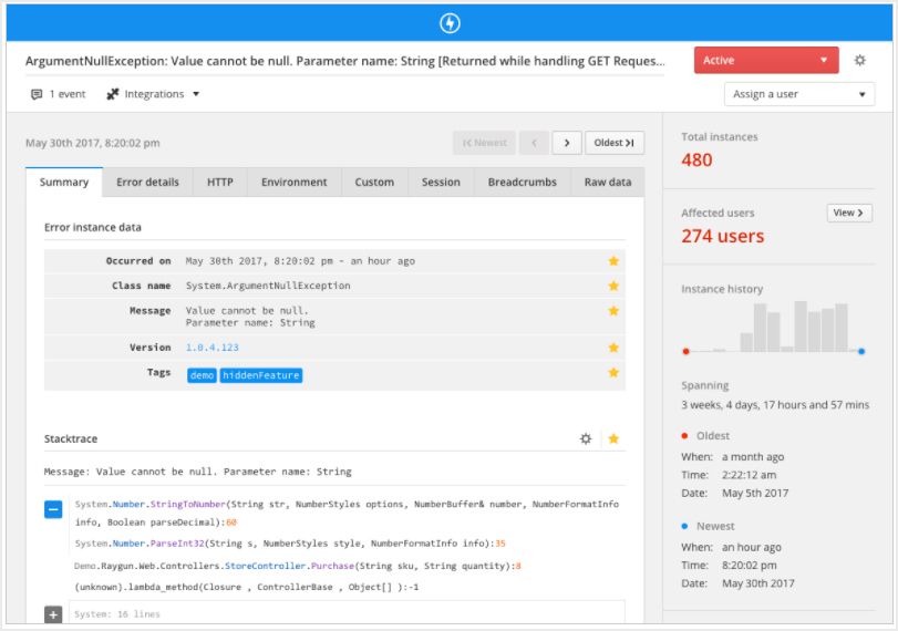 Screenshot of Raygun Crash Reporting Application Performance Management tools work with crash reporting tools like Raygun