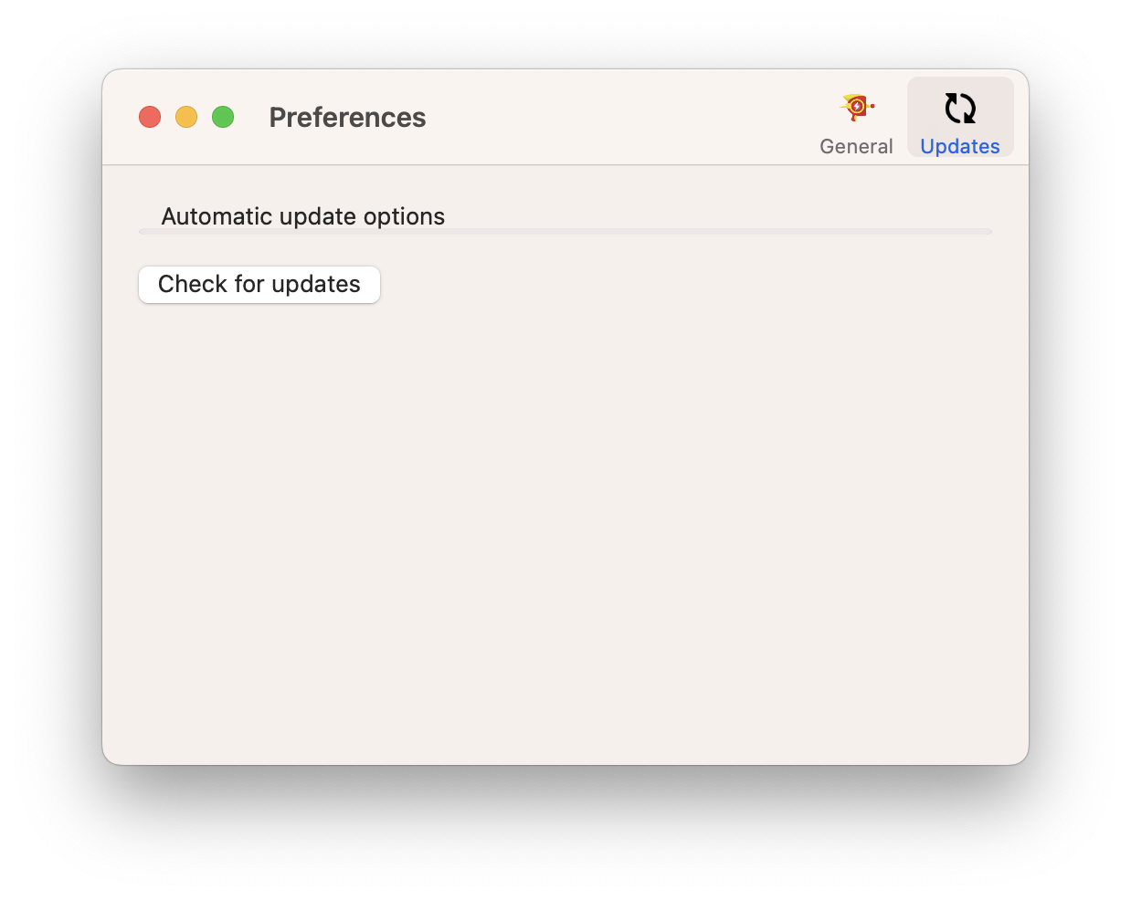 Raygun update options Preferences window