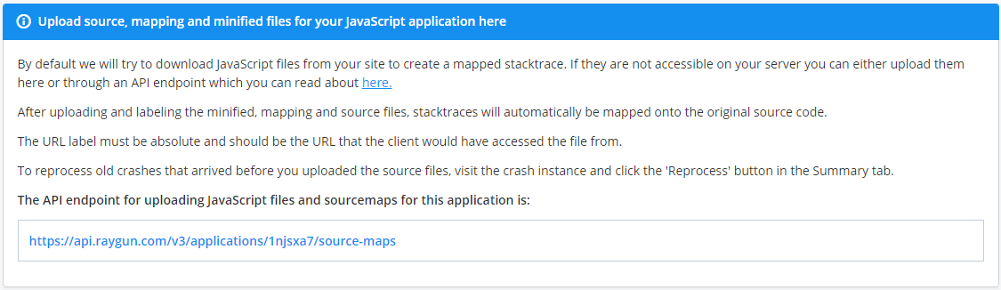 Screen shot of JS source map center showing the api endpoint section