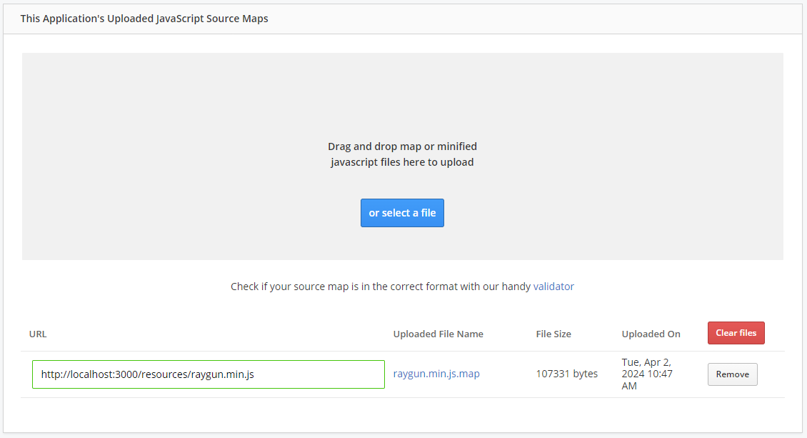 Screen shot of JS source map center showing the upload section