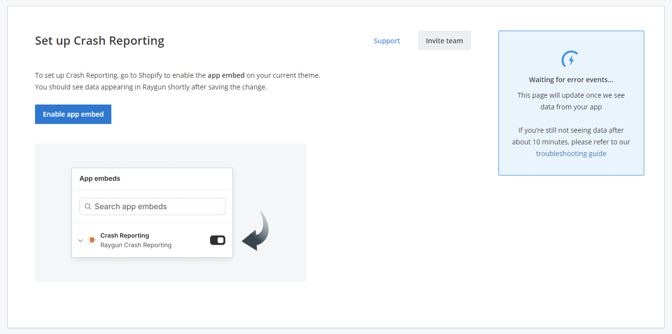 Shopify Raygun enable app embed button