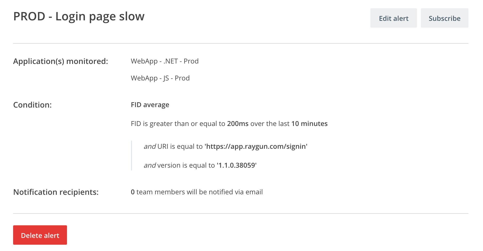 Screenshot of Raygun alert details